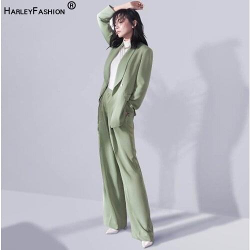 HarleyFashion Elegant Luxury Design Women Fresh Avocado Green Pants Suits Loose Blazer Wide-leg Pants High Street Twin Sets