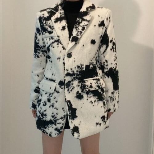 2021 New Fashion Casual Corduroy Suit Jacket Women Vintage Tie Dyed Lapel Single Breasted Cow Color Thick Loose Blazer