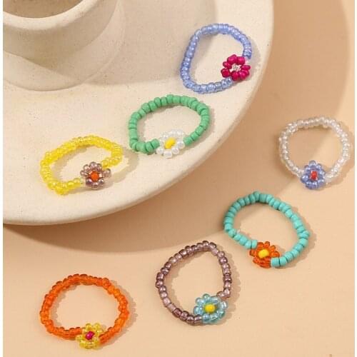 2021 Bohemian Beaded Color Ring Jewelry for women Creative Trend Jewelry Hand-woven Flower Bead Ring Female