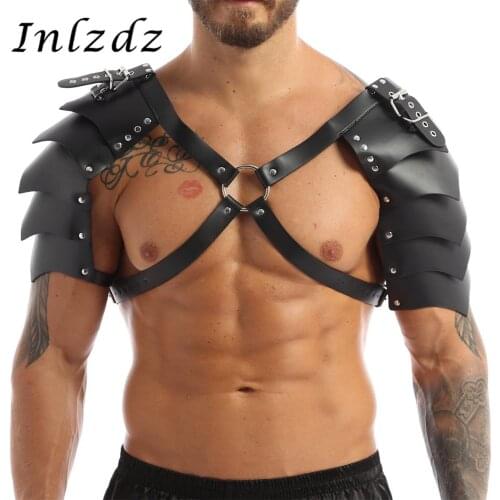 Harness Mens Lingerie Steampunk Gothic PU Leather Double Shoulder Armors Buckles X-shape Body Chest Harness Belt for Cosplay Bar