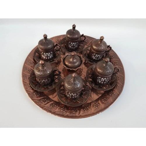 Handmade authentic Design Turkish Greek Arabic Coffee Espresso Set for 6 Service, Cups Saucers Lids Tray Delight Candy Dish GIFT