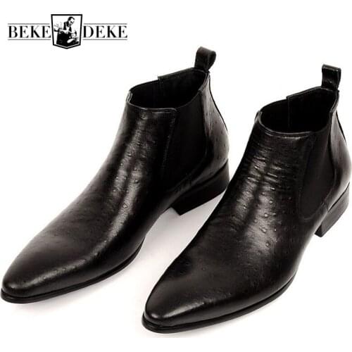 Brand Fashion Mens Ankle Boots Genuine Leather Comfortable Brown Black Pointed Toe Wedding Men Dress Shoes Chelsea Boots 37-44