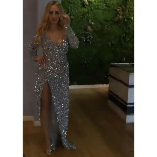 Elegant Long Sleeve Mermaid Silver Evening Dresses with Slit Floor Length Zipper Back Sequin V-Neck Formal Party Dress for Women