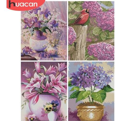 HUACAN Cross Stitch Flowers Kits 11CT 14CT Embroidery Needlework Sets White Canvas DIY Cross-Stitch Flowers Home Decor