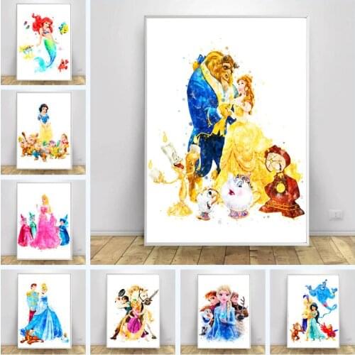 Disney Cartoon Princess Poster Watercolor Princess Canvas Painting Print Nursery Girls Birthday Gift Baby Girl Room Wall Decor