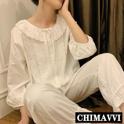 Lovely Girls Sweet Cotton Long Sleeve Home Wear Set Women Spring Autumn Cotton Pajamas Leisure Sleepwear White Sleeping Clothes