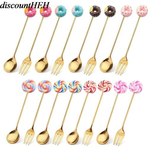 Mini Childrens Cartoon Spoon Fork Donut Coffee Spoon Dessert Spoon Fork Tea Coffee Ice Cream Tool Kitchen Tableware