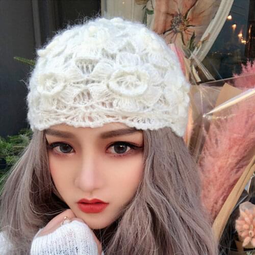 New Fashion Crochet Flower Winter Warm Ladies Soft Knit Beanie Hat Knitted Double Layer Knit Beret Hat ZZ-402