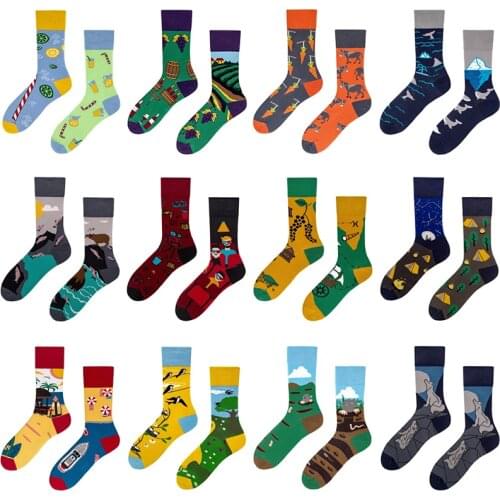 New Styles Cartoon Trend Mid Tube Cotton Socks Asymmetric Hip hop Funny Street Happy Socks Women Harajuku Unisex Socks