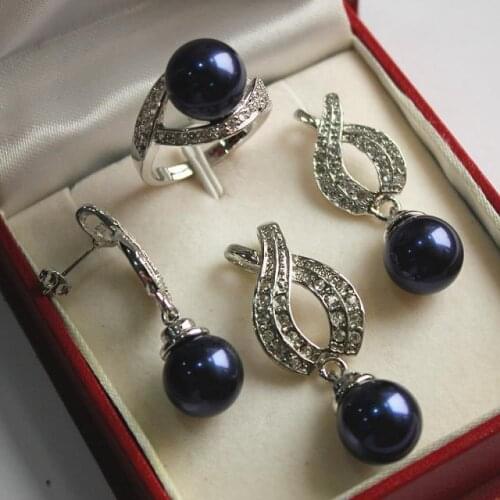 Wholesale good nice 12mm dark blue shell pearl pendant necklace earring ring set 18 inch Genuine Lucky Ladys jewelry