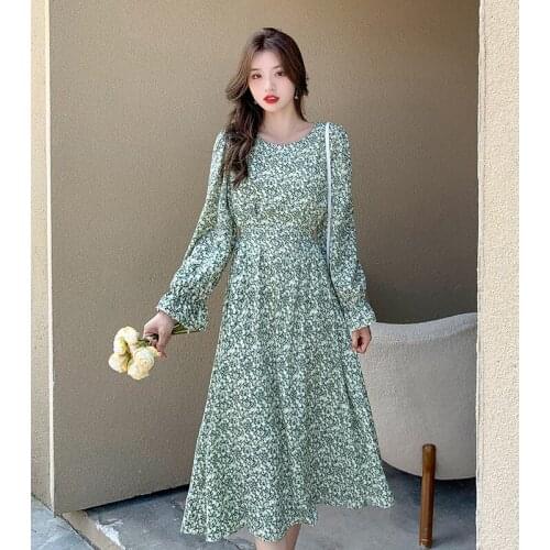 Hebe&Eos Autumn Chiffon Dresses With Floral Print Long Flare Sleeve Dress Elegant Korea O-neck Midi Dress Women Boho Vestidos