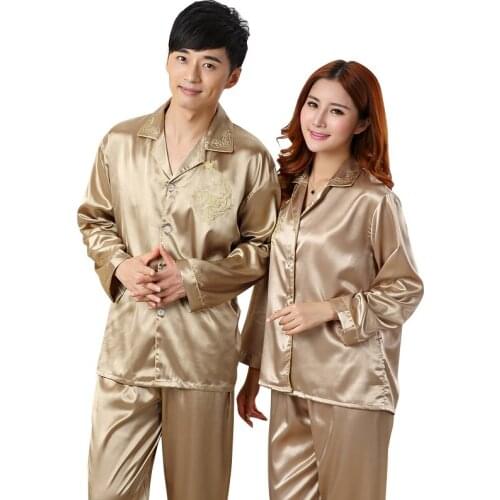 Autumn Couples Sleepwear Faux Silk Satin Pajamas Set Long Sleeve Pajamas Suit Male & Female Cardigan Embroidery Pijamas Mujer