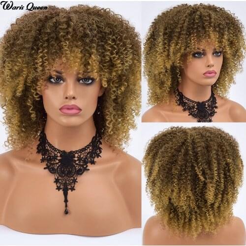 Womens Dark Brown Omber Yellow Afro Kinky Curly Wigs For Black Women With Bangs Synthetic Cosplay Heat Resistant Wig