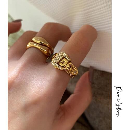 PerisBox Adjustable Belt Buckle Zircon Rings Detachable Metal Soft Chain Ring Luxury Statement Finger Rings For Women Men 2020