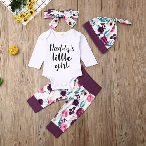 Pudcoco Newborn Baby Girl Clothes Long Sleeve Letter Romper Tops Flowe Print Long Pants Headband Hat 4Pcs Outfits Clothes