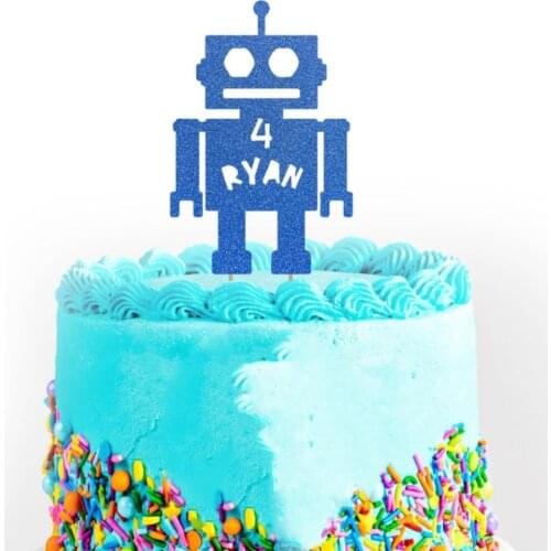 Personalised Robot Glitter cake topper Android Robot Cake Topper customised name machine bot Party Decorations Dessert toothpick