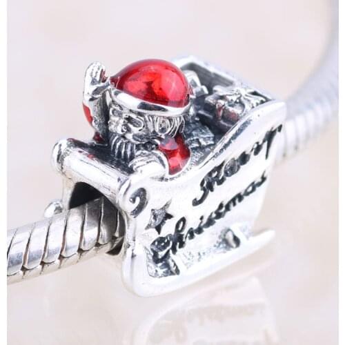 S925 Silver Bead Charm Red Enamel Sleighing Santa Merry Christmas Bead fit Lady Bracelet Bangle DIY Jewelry