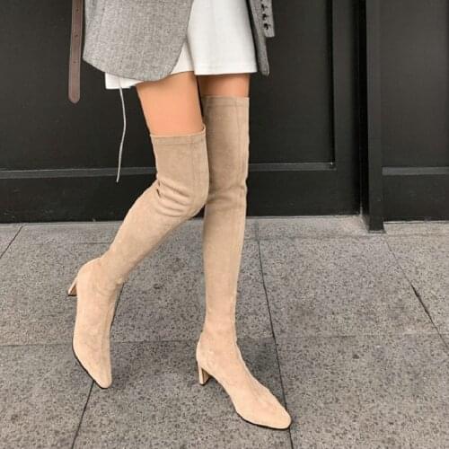 2020 winter genuine leather suede stretch boots woman thick high heels overknee booties over-the-knee long boots women size 43