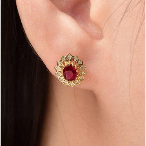 BLACK ANGEL 925 Silver Luxury Created Red Tourmaline Gemstone Flower Stud Earrings For Women Ruby Fashion Jewelry Christmas Gift