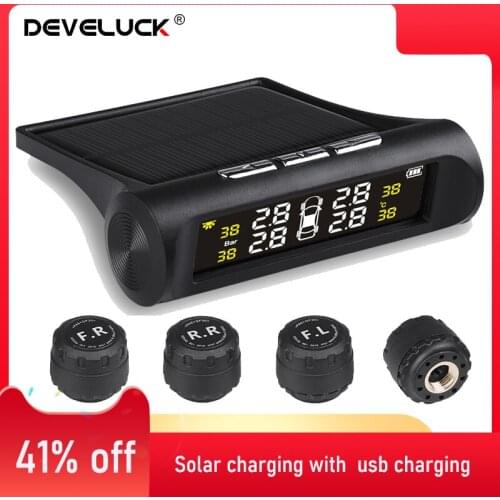 Develuck Solar Power TPMS Car Pressure Monitor System Display auto Alarm Security Alarm Tyre Temperature Warning With 4 sensors