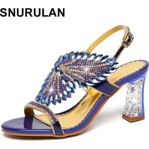 SNURULAN 2021 Sexy Women Genuine Leather Shoes Strange Chunky Heels Shoes Lady Transparent Heel Rhinestone Sandals Female