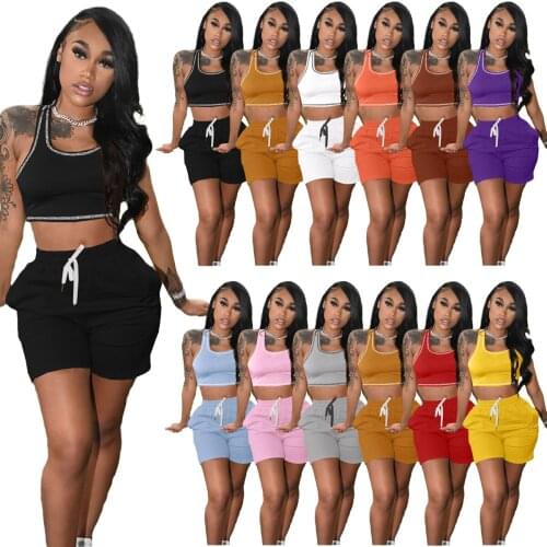 TK61722021 Summer New Solid Color Leisure Sports Suit with Pocket Drawstring Elastic Shorts Women Stretchy Top 2 Piece Set