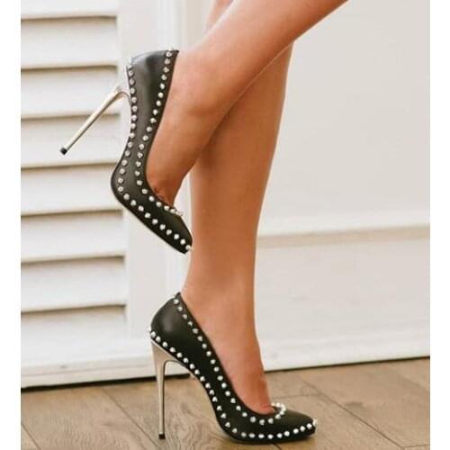Moraima Snc Newest Rivets Studded High Heel Shoes Sexy Thin Heels Pumps Woman Slip on Stiletto Heels Black