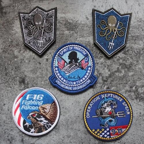 Embroidery Patch F16 Fighting Falcon Washington USS George Neptune Spear Action Trident Octopus Tactical Badge Applque Sticker