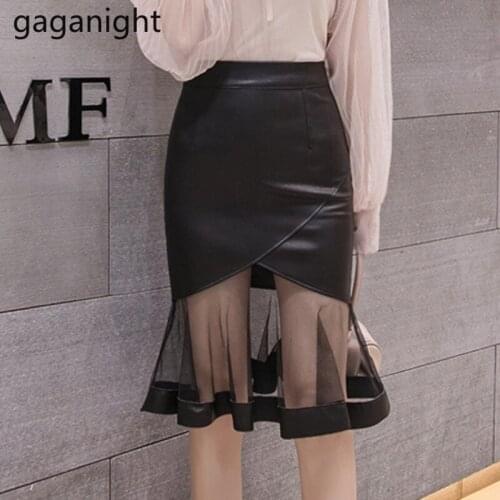 Gaganight Women Pu Leather Midi Skirt Fashion Office Lady Patchwork Mesh High Waist A Line Bottom Faldas Chic Black Skirts New