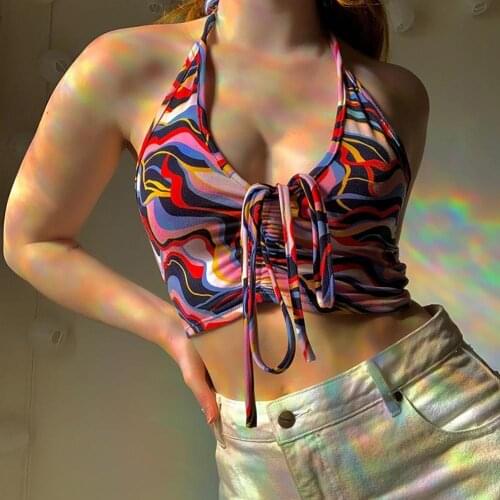 Women Sexy Sleeveless halter Crop Tops for Women Water Ripple Print Short Tops Tanks Sleeveless halter top mujer camisetas