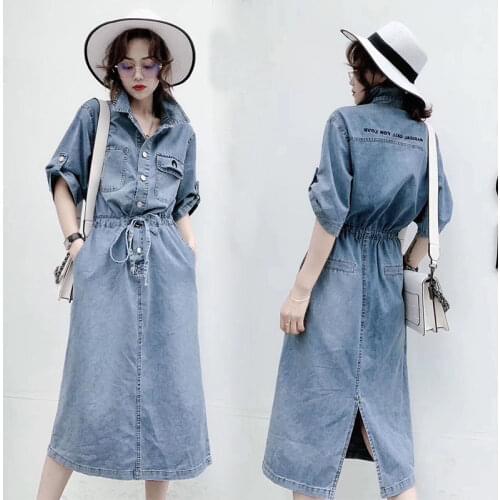 Denim Dress Women 2021New Mid-Length Embroidered Shirt Jeans Vestidos Summer Five-Point Sleeve Lace-UP Cowboy Female Dresses 201
