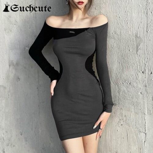 SUCHCUTE Slash Neck Bodycon Dress Long Sleeve Sexy Off Shoulder Mini Dresses Vintage Patchwork Style Ladies Streetwear Outfits