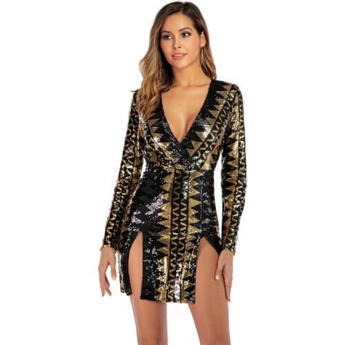 Sexy V-Neck Sequin Wrap Bodycon Dress Women Autumn Long Sleeve Glitter Mini Dress Gold Elegant Split Slim Party Dress Vestidos