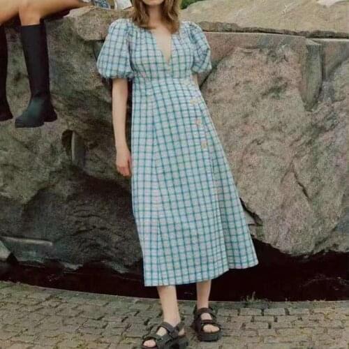 Women Dress Autumn 2021 New Check V-neck Puff Sleeve Long Dress Women