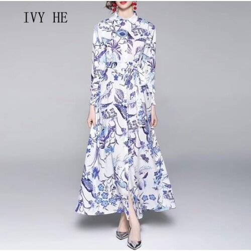 IVY HE High Quality Autumn Dress Woman Clothing Floral Print Single Breasted Midi Long Dress Traf Robe ZA Vintage Party Dresses