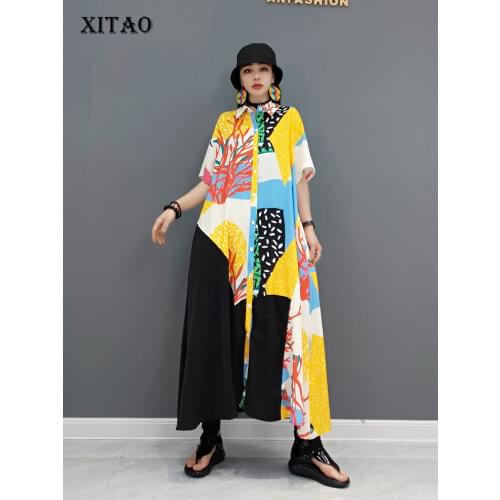 XITAO Contrast Color Print Dress Fashion Large Size Women Loose Casual Temperament Turn-down Collar Women Street Trendy WMD1039