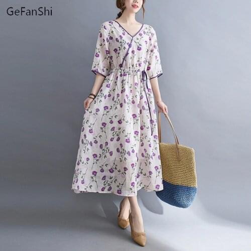 2021 New Cotton Linen Beach Dress Summer Plus Size Fashion Print Vintage Long Women Dress Casual Half Sleeve V-Neck Dresses