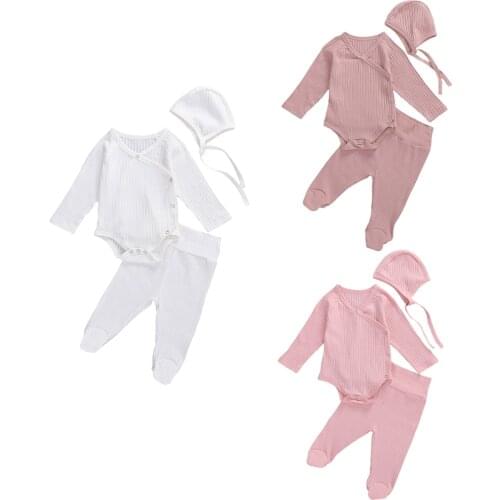 Casual Newborn Baby Boy Girl Long Sleeve Cotton Bodysuit Tops Long Pant Hat 3PCS Solid Color Baby Clothes Set