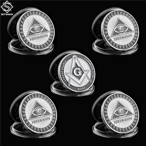 5PC Free and Accepted Masons Token Silver Plated 1 oz Masonic Symbols Commemorative Coin Collection