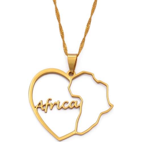 Anniyo Heart Africa Map Pendant Necklaces for Women Girls Gold Color African Maps Jewelry #121021