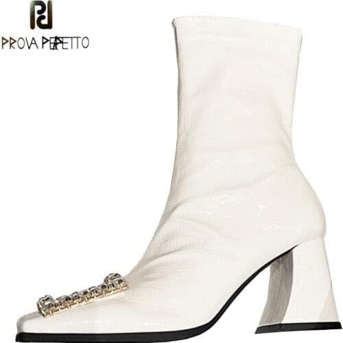 Patent Leather Square Toe Martin Boots Womens New Side Zipper Thinner Mid-Tube Boots Rhinestone Black High Heel Ankle Boots