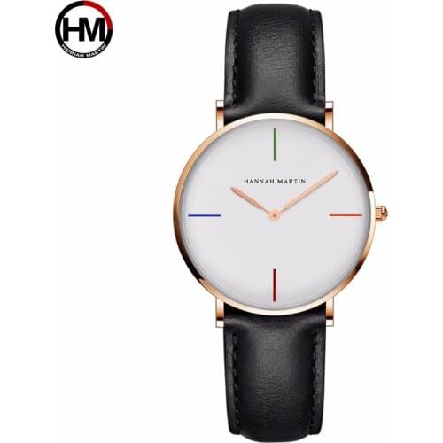 HANNAH MARTIN Fashion Casual Womens Quartz Wristwatch Black Leather Ladies Dress Watch Waterproof Reloj Mujer Bracelet Watches