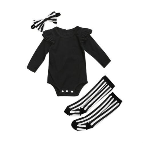 Black Newborn Baby Girls Ruffle Rompers Jumpsuit+Socks Leggings Headband Clothes Outfits Set Spring Summer Cotton