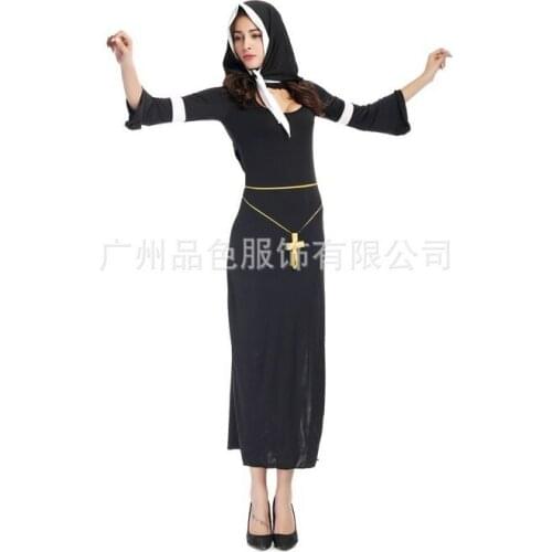 Nun Costume Dress Three Pieces Black Gown Long Sleeve Adult Disguisement High Quality Cosplay Sister Disfraces Female CA898