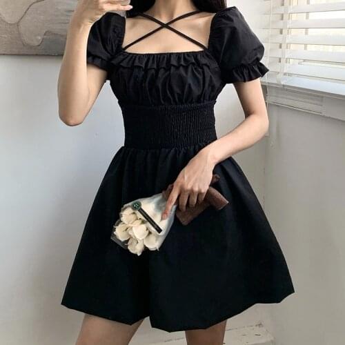 Japanese Harajuku Summer Women Black Mini Dress Square Collar High Waist Puff Sleeve Dress Gothic Lace Ruffles Cosplay Dresses