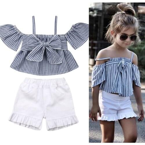 Summer New Baby Girls Off Shoulder Outfits Set Kid Stripes Big Bow Tops Vest + Short Pants Toddler Set