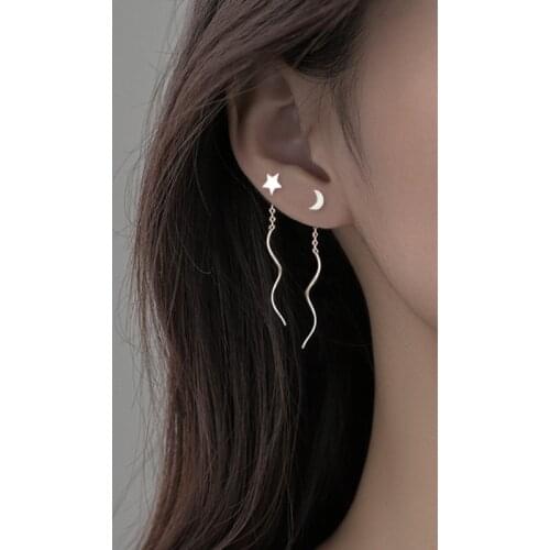 Luckydays New Asymmetry Star Moon Tassel Stud Earrings Female Unique Design Handmade Exquisite Jewelry Party Gift