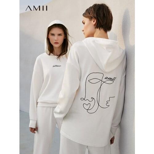 AMII Minimalism Winter Sport Set For Women Streetwear Letter Hooded Sweatshirts High Waist Pants Female Two Piece Set 12130372