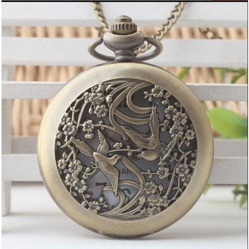 Fashion Jewelry Retro Necklace Pocket watch woman and mens bronze vintage cool bird chain pocket watch gift