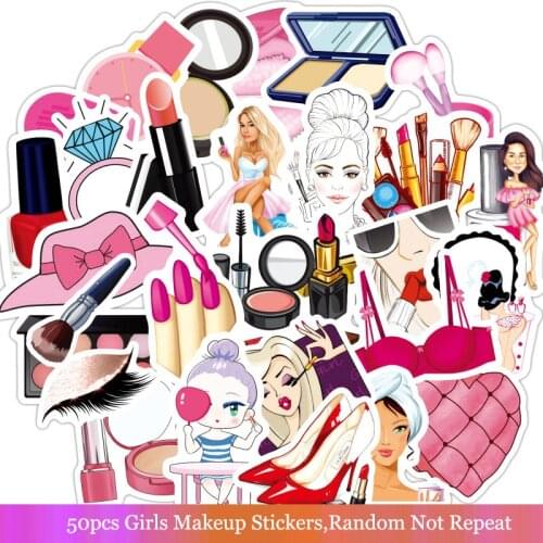 TD ZW 50Pcs/Lot Women Makeup Pink Stickers Set Decal Stickers For Laptop Luggage Suitcase Watterbottle Book Waterproof Stickers